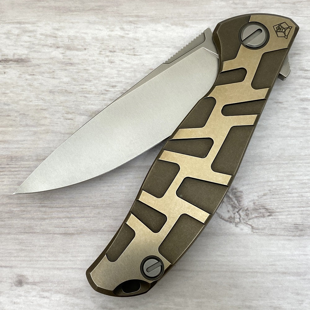 SHIROGOROV F95 "T" PATTERN - M390 BLADE - TITANIUM HANDLE W- SATIN FLATS - BRONZE - MRBS