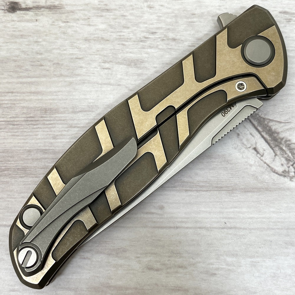 SHIROGOROV F95 "T" PATTERN - M390 BLADE - TITANIUM HANDLE W- SATIN FLATS - BRONZE - MRBS