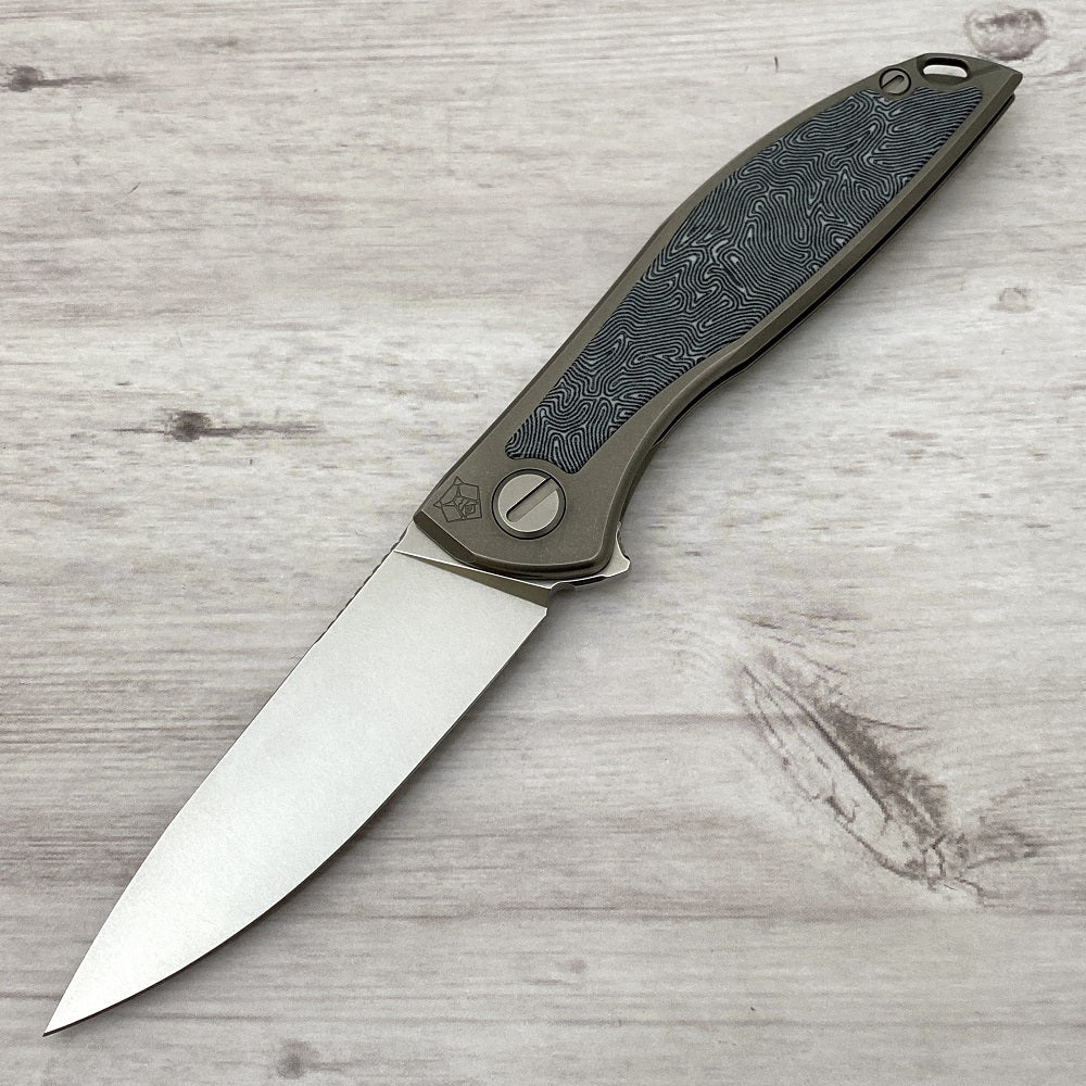 Shirogorov NeOn NL – ELMAX BLADE – TITANIUM HANDLE W- BLACK-WHITE CRAZY MICARTA INLAY – MRBS