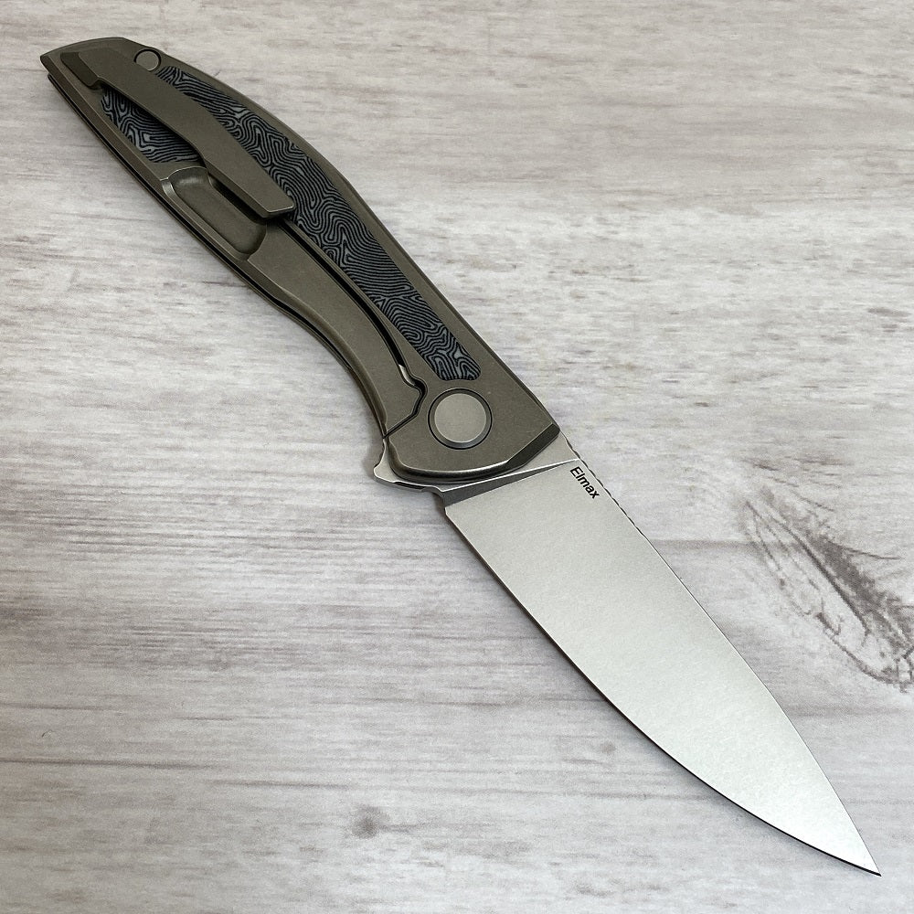 Shirogorov NeOn NL – ELMAX BLADE – TITANIUM HANDLE W- BLACK-WHITE CRAZY MICARTA INLAY – MRBS