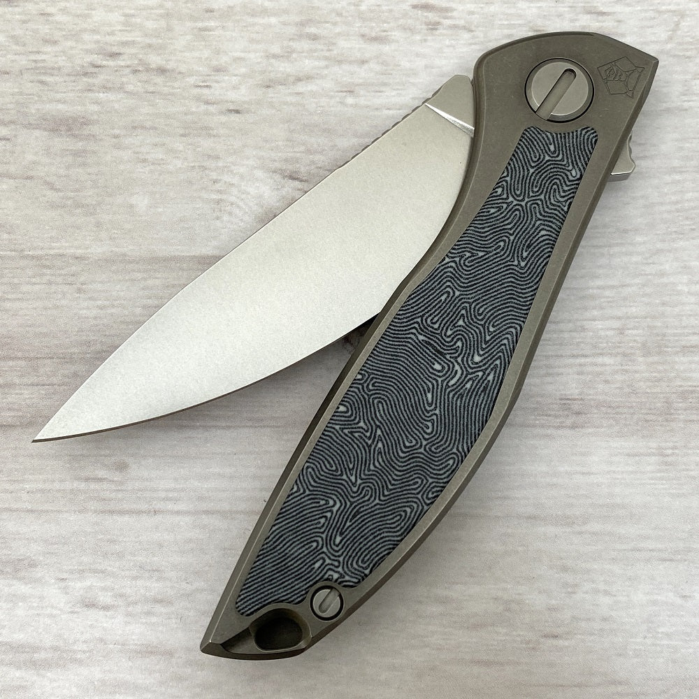 Shirogorov NeOn NL – ELMAX BLADE – TITANIUM HANDLE W- BLACK-WHITE CRAZY MICARTA INLAY – MRBS