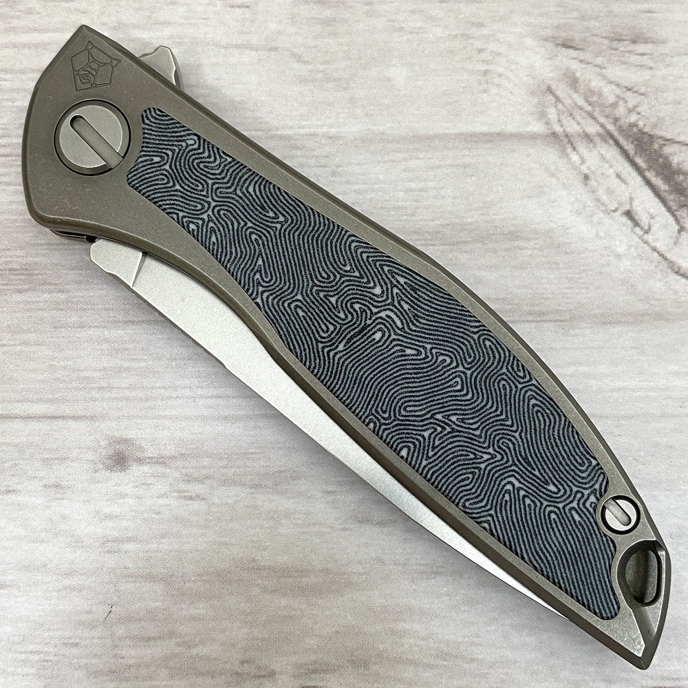 Shirogorov NeOn NL – ELMAX BLADE – TITANIUM HANDLE W- BLACK-WHITE CRAZY MICARTA INLAY – MRBS