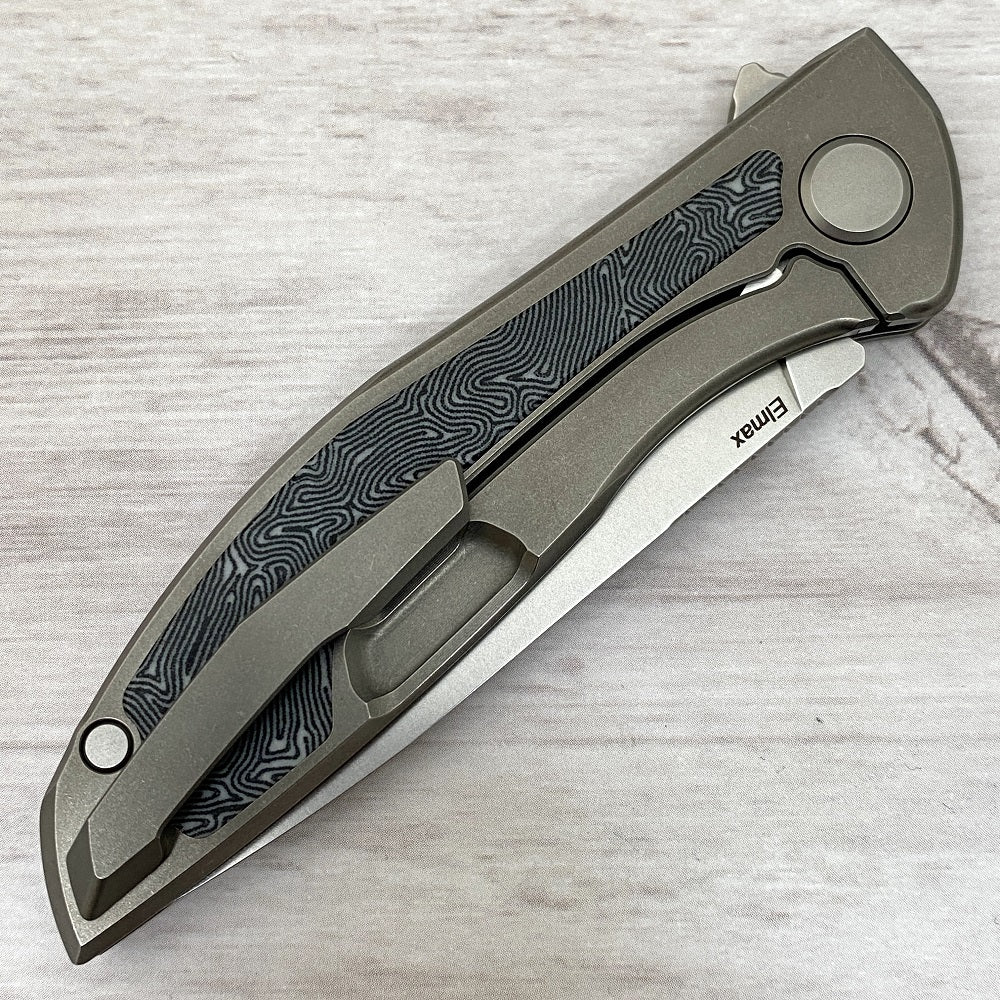 Shirogorov NeOn NL – ELMAX BLADE – TITANIUM HANDLE W- BLACK-WHITE CRAZY MICARTA INLAY – MRBS