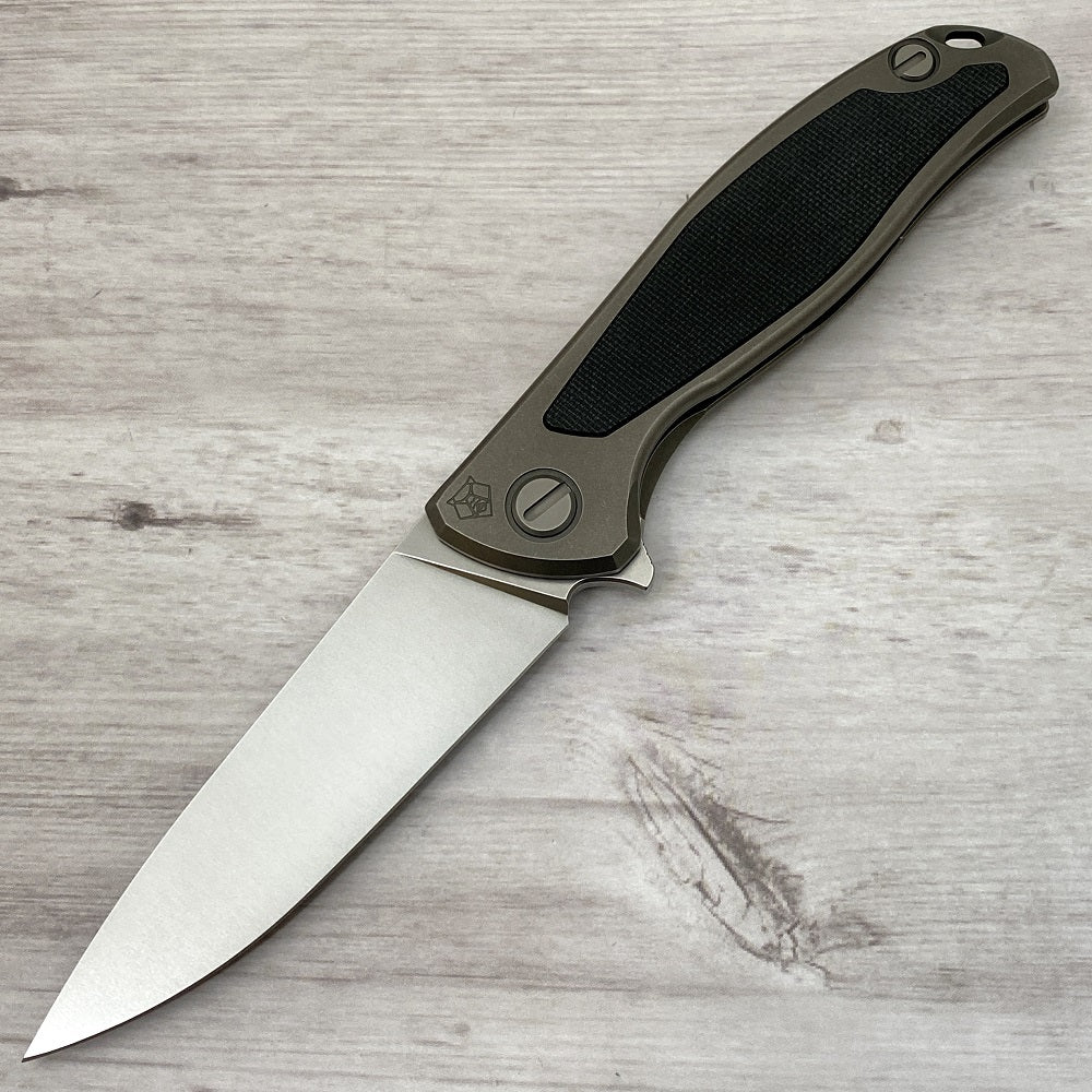 SHIROGOROV F95NL - ELMAX BLADE - STONEWASHED TITANIUM HANDLE W- BLACK CANVAS MICARTA INLAY- SRB