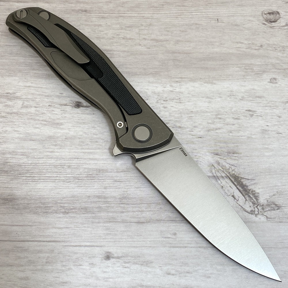 SHIROGOROV F95NL - ELMAX BLADE - STONEWASHED TITANIUM HANDLE W- BLACK CANVAS MICARTA INLAY- SRB