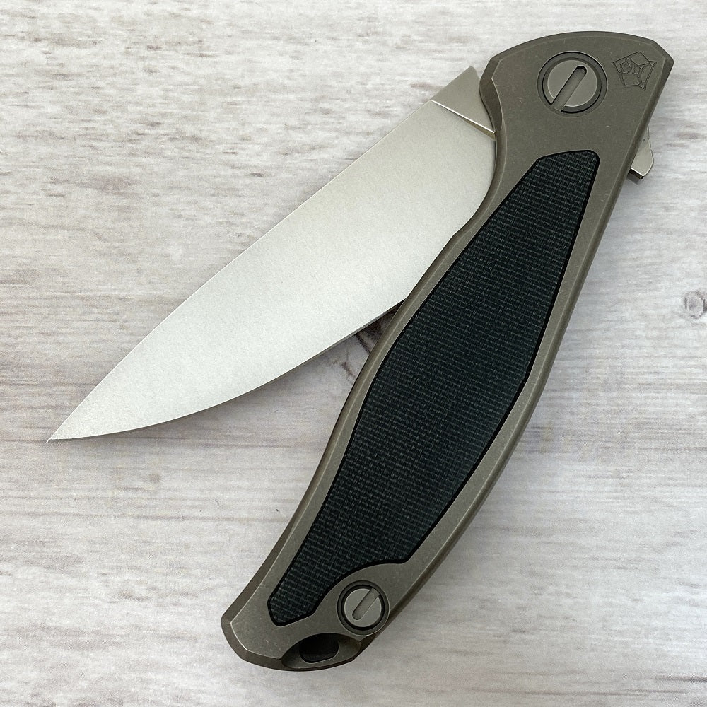 SHIROGOROV F95NL - ELMAX BLADE - STONEWASHED TITANIUM HANDLE W- BLACK CANVAS MICARTA INLAY- SRB