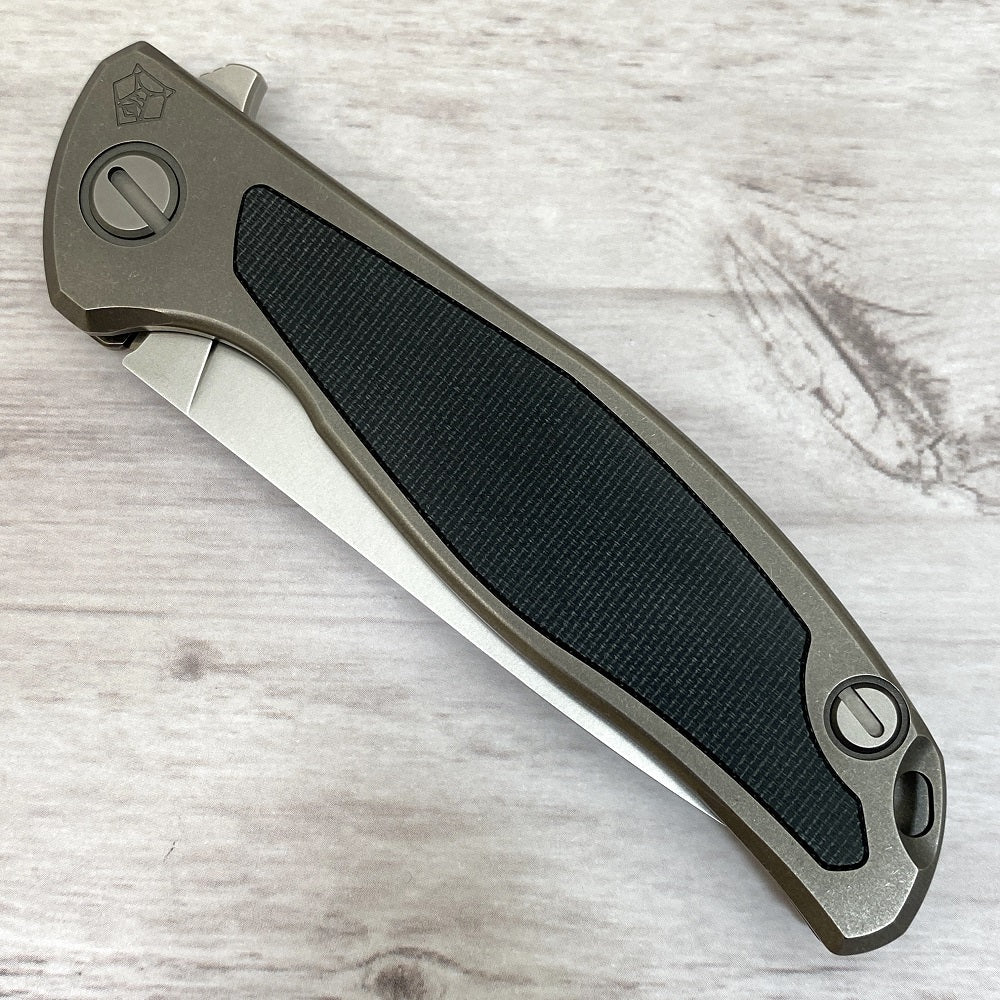 SHIROGOROV F95NL - ELMAX BLADE - STONEWASHED TITANIUM HANDLE W- BLACK CANVAS MICARTA INLAY- SRB