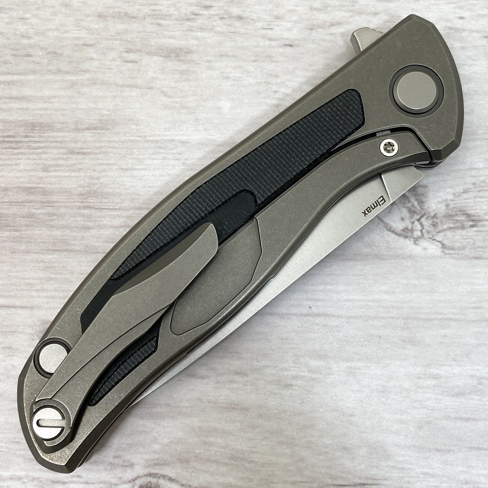 SHIROGOROV F95NL - ELMAX BLADE - STONEWASHED TITANIUM HANDLE W- BLACK CANVAS MICARTA INLAY- SRB