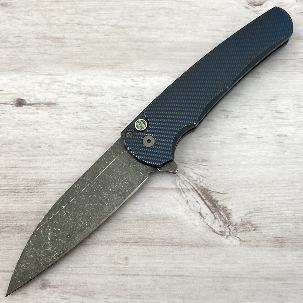 Pro-Tech Knives Malibu Flipper - Titanium Custom - Distressed Blue - 20CV Blade - Abalone Button