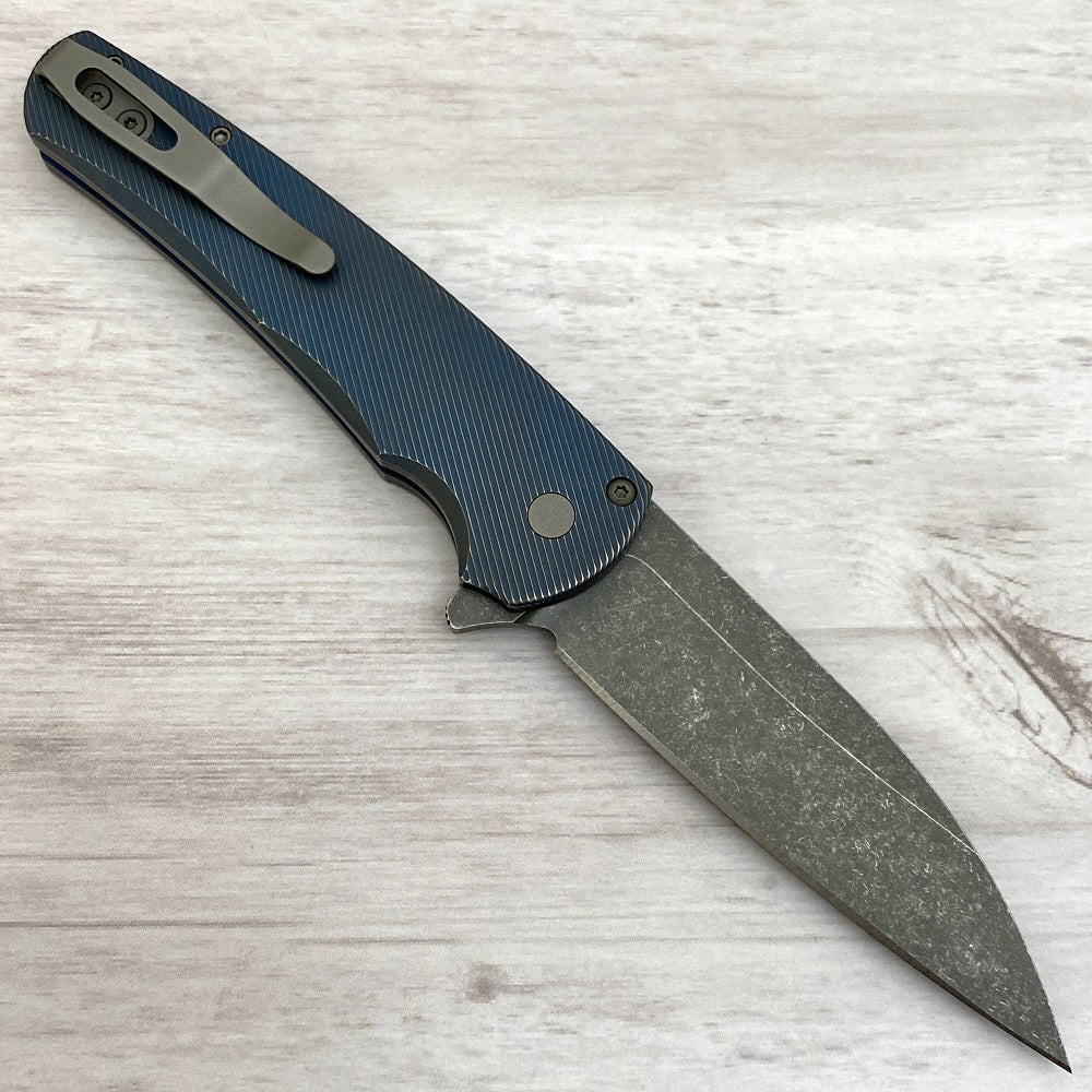 Pro-Tech Knives Malibu Flipper - Titanium Custom - Distressed Blue - 20CV Blade - Abalone Button