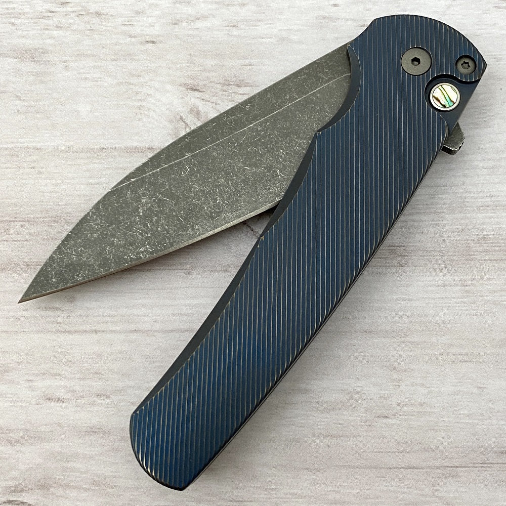 Pro-Tech Knives Malibu Flipper - Titanium Custom - Distressed Blue - 20CV Blade - Abalone Button