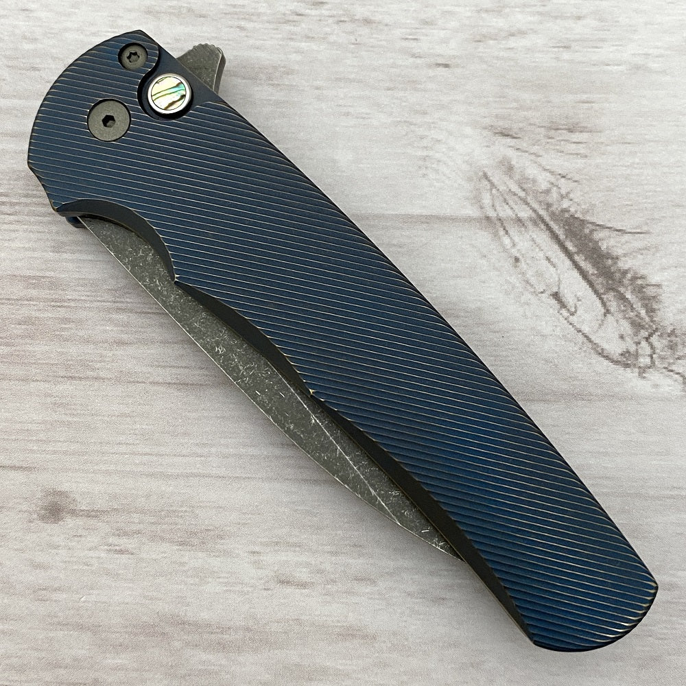 Pro-Tech Knives Malibu Flipper - Titanium Custom - Distressed Blue - 20CV Blade - Abalone Button