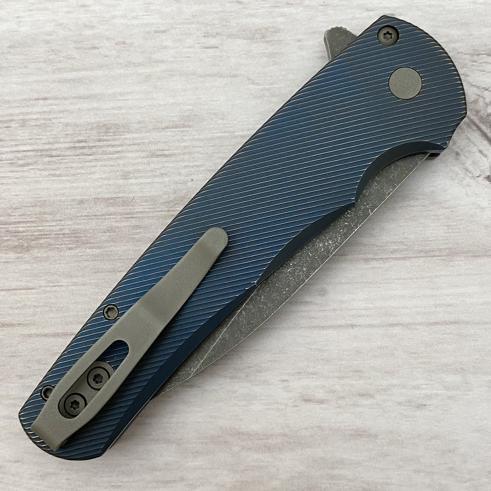 Pro-Tech Knives Malibu Flipper - Titanium Custom - Distressed Blue - 20CV Blade - Abalone Button