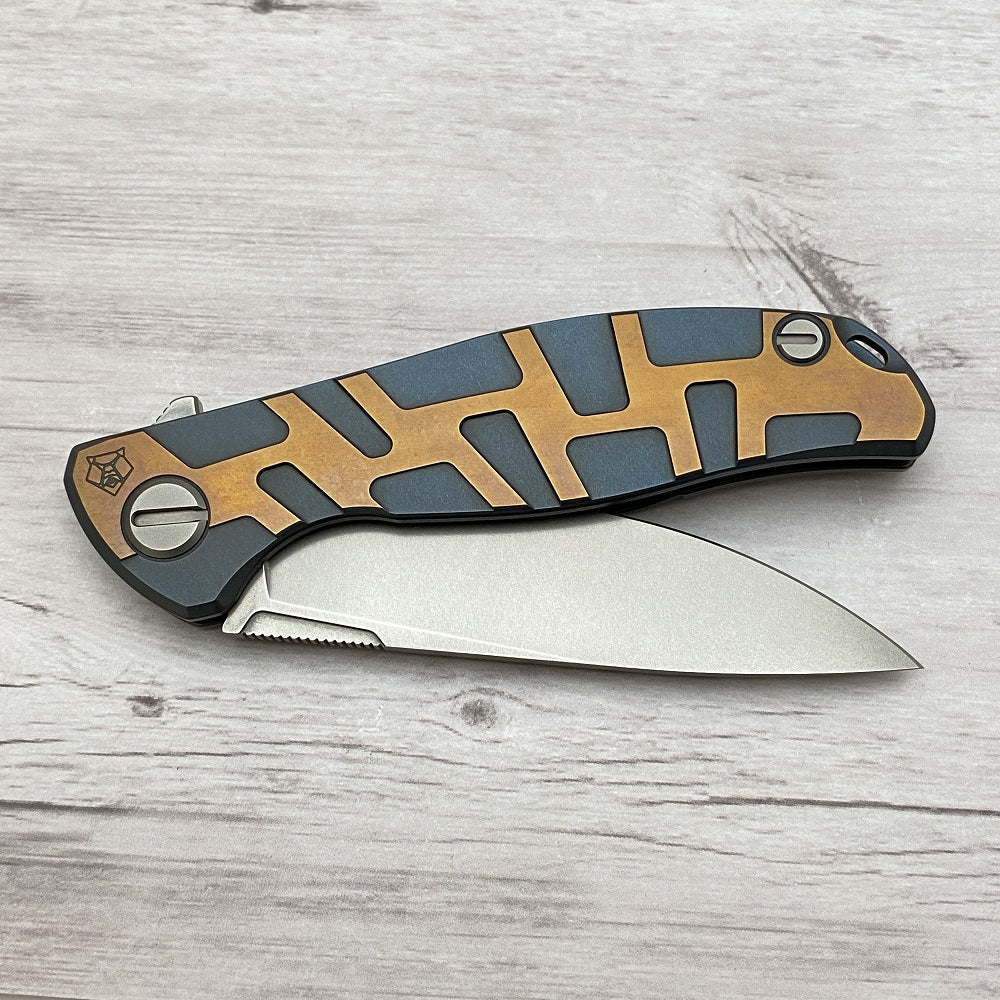 SHIROGOROV RECON 1 EXCLUSIVE F95 "T" PATTERN BLUE & BRONZE - S90V BLADE - TITANIUM HANDLE - MRBS