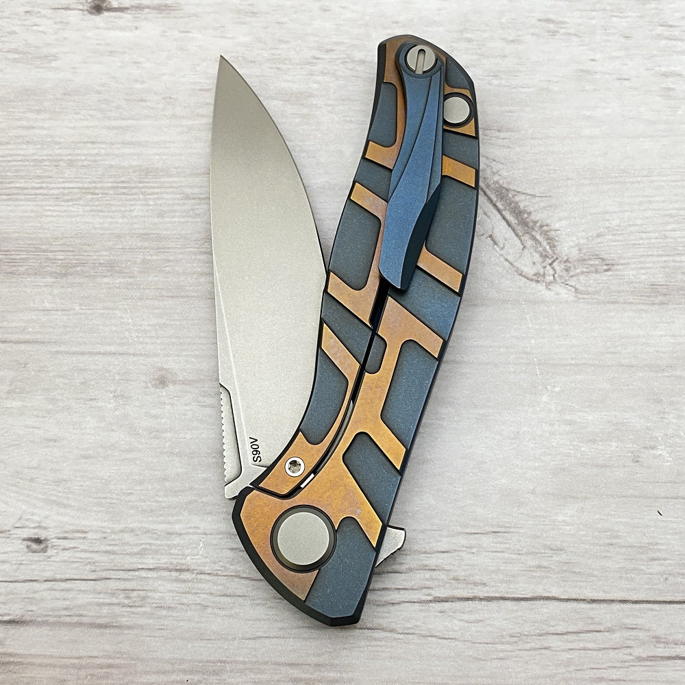 SHIROGOROV RECON 1 EXCLUSIVE F95 "T" PATTERN BLUE & BRONZE - S90V BLADE - TITANIUM HANDLE - MRBS