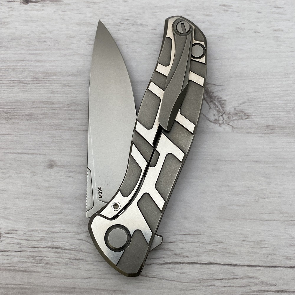 SHIROGOROV F95 "T" PATTERN - M390 BLADE - TITANIUM HANDLE W- SATIN FLATS - MRBS