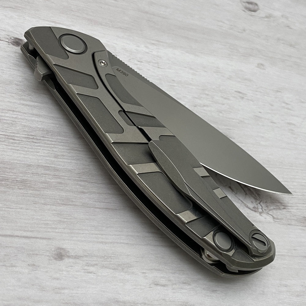 SHIROGOROV F95 "T" PATTERN - M390 BLADE - TITANIUM HANDLE W- SATIN FLATS - MRBS