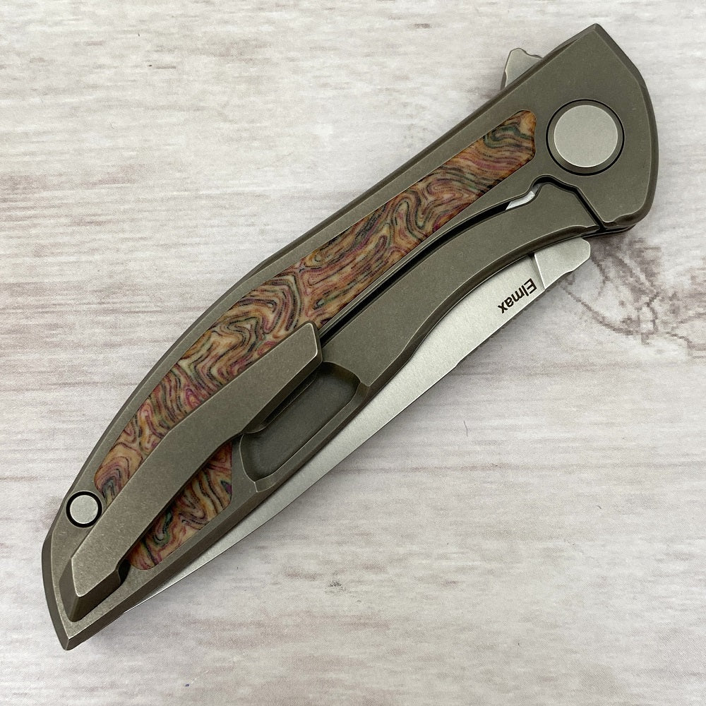 Shirogorov NeOn NL – ELMAX BLADE – TITANIUM HANDLE W- CRAZY MICARTA INLAY – MRBS