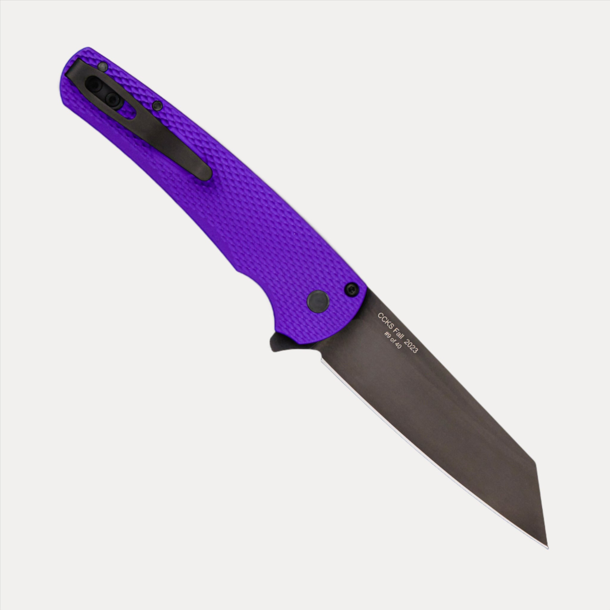 Pro-Tech Knives CCKS Fall 2023 Ltd. – Purple Textured Al Handle – DLC Black Reverse Tanto 20CV Blade – Mosaic Abalone Push Button