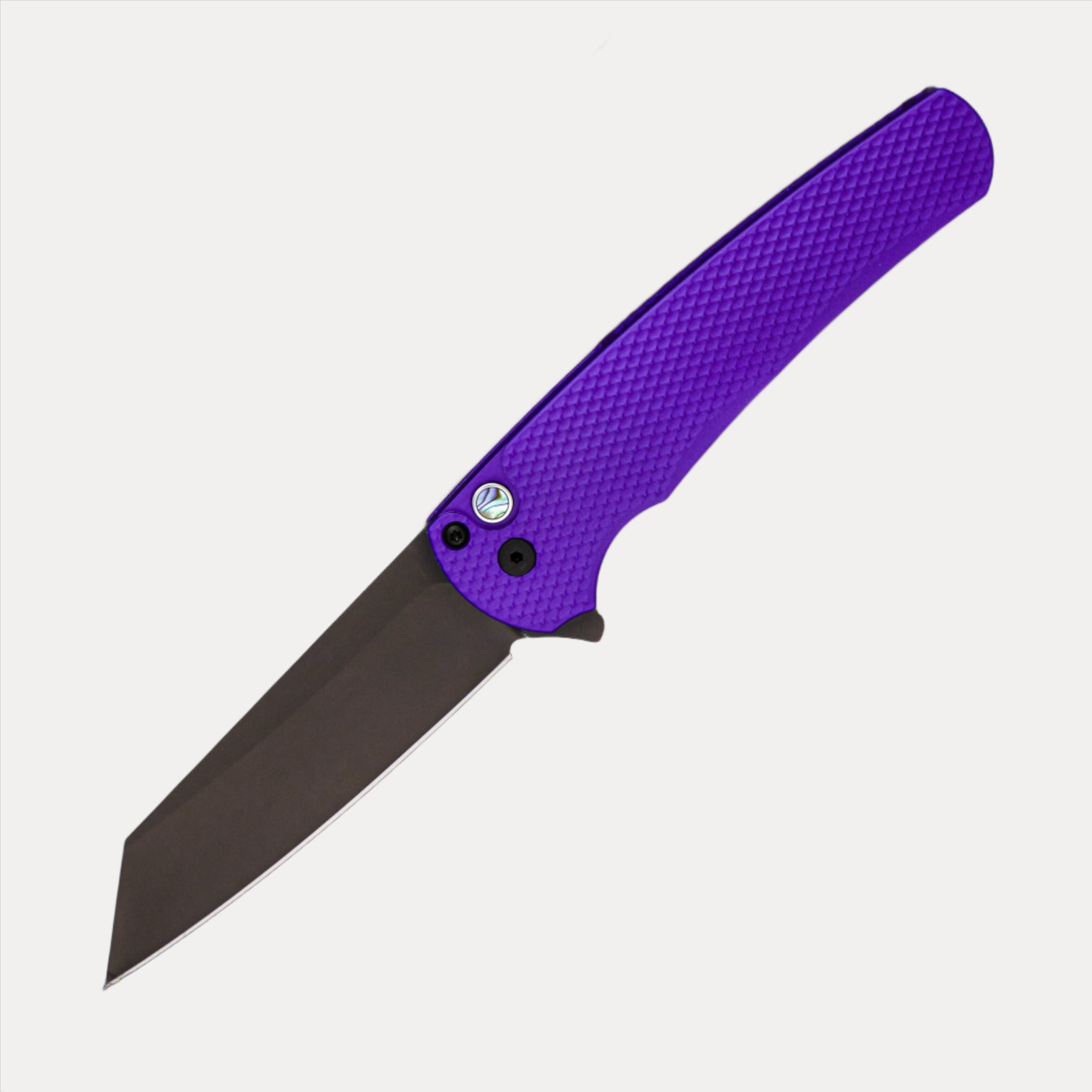 Pro-Tech Knives CCKS Fall 2023 Ltd. – Purple Textured Al Handle – DLC Black Reverse Tanto 20CV Blade – Mosaic Abalone Push Button