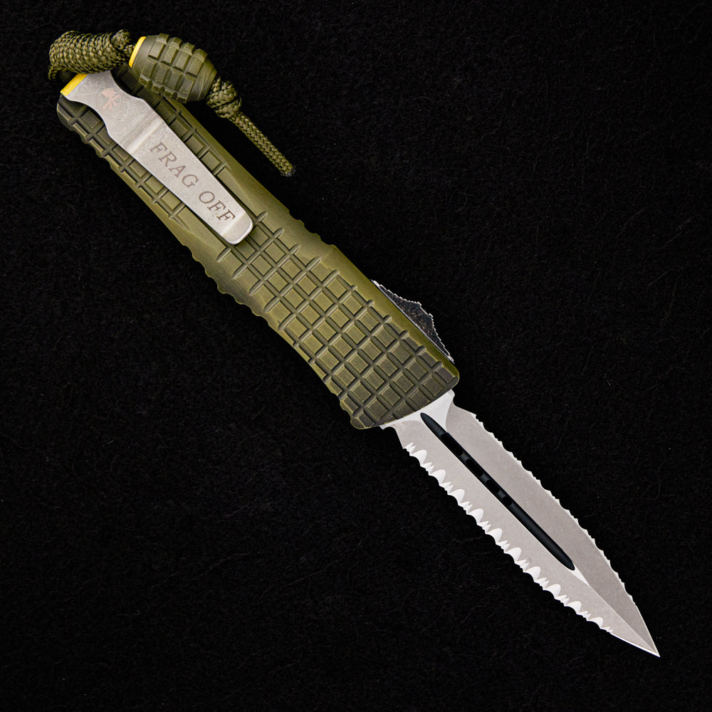 MICROTECH COMBAT TROODON – D/E FRAG OFF SERIES GRENADE GREEN APOCALYPTIC DOUBLE REVERSE FULL SERRATED 142-DR12 APFROGG
