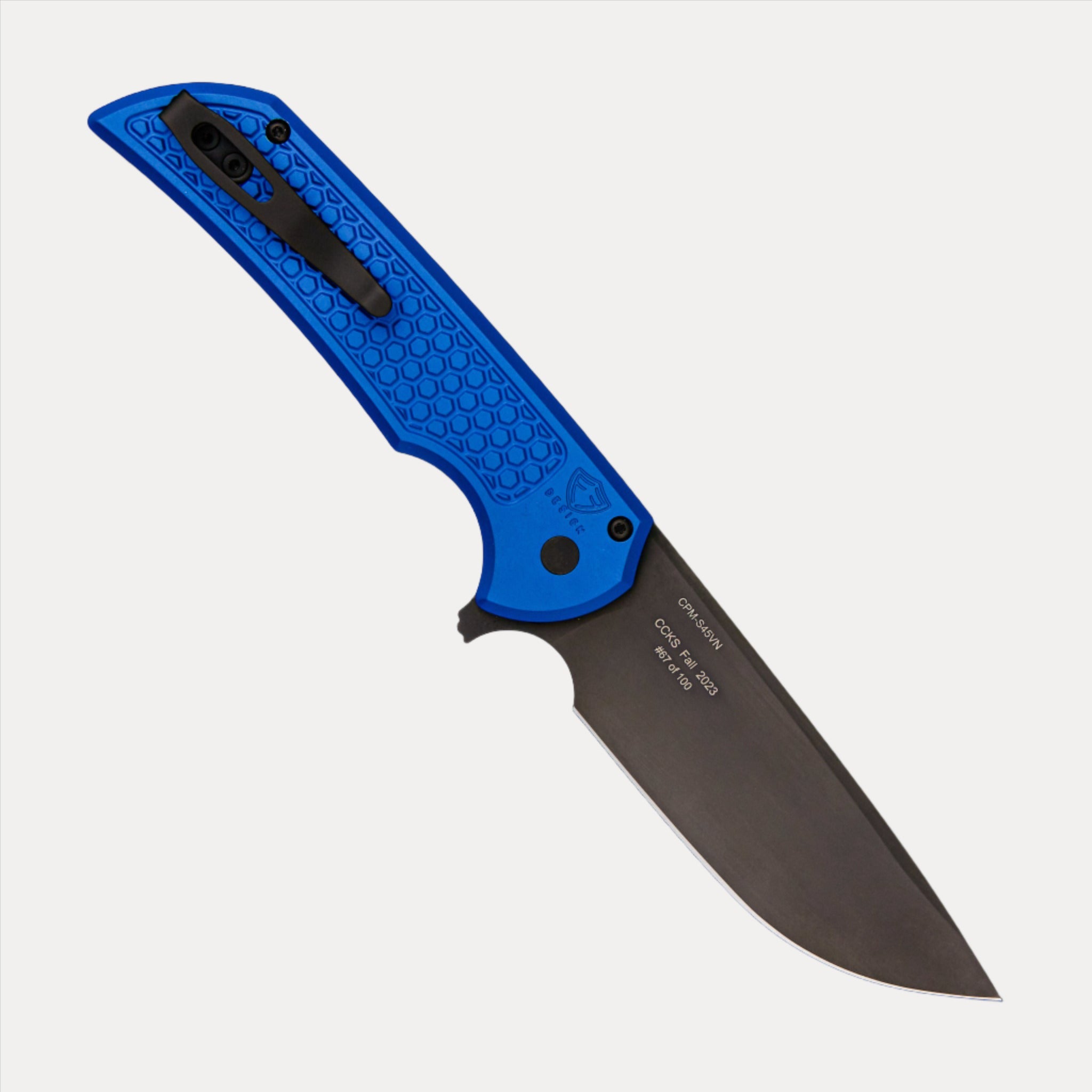 Pro-Tech Knives Mordax – CCKS Fall 2023 – Blue Honeycomb Textured Handle – DLC Black Coated S45VN Blade – Black Pearl Button