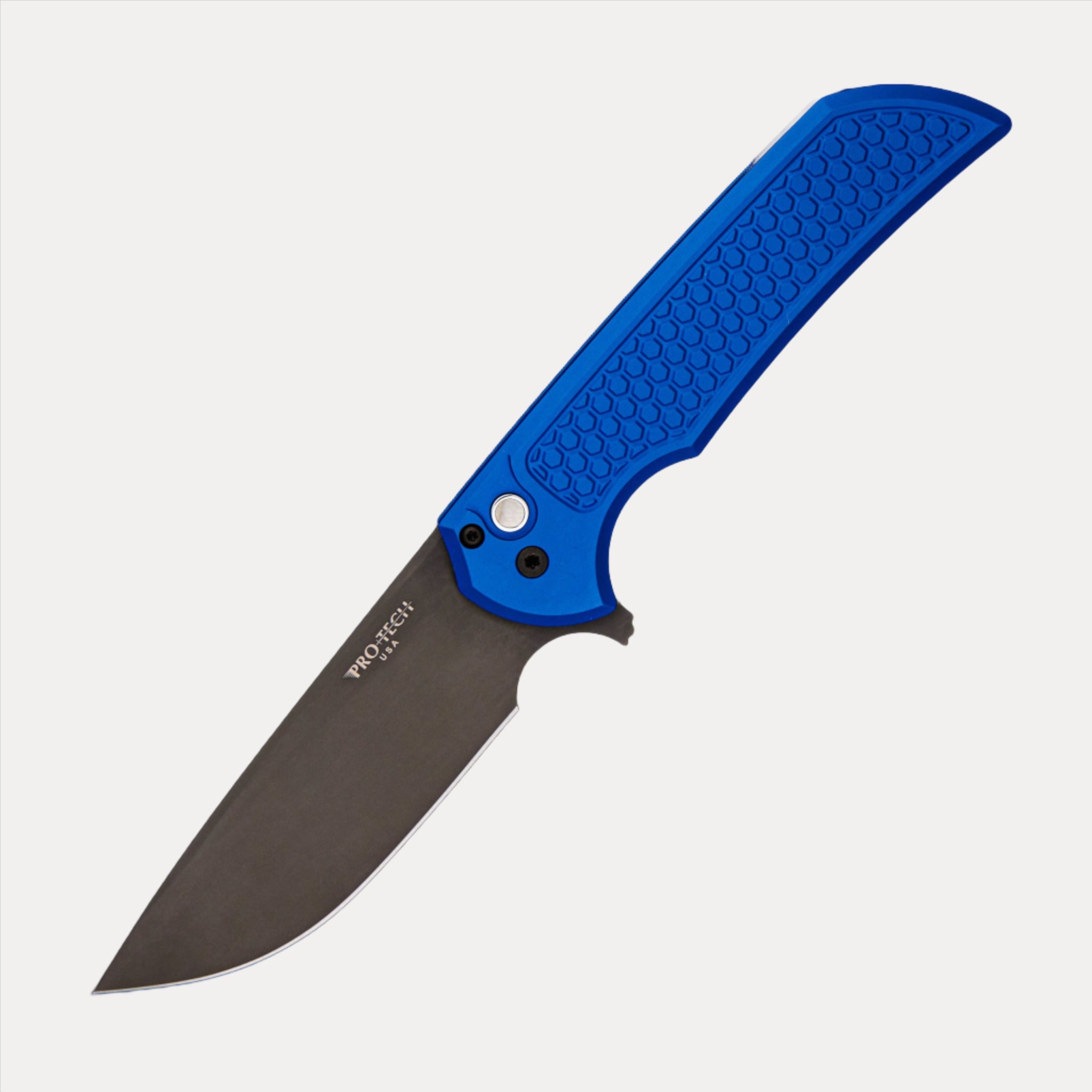 Pro-Tech Knives Mordax – CCKS Fall 2023 – Blue Honeycomb Textured Handle – DLC Black Coated S45VN Blade – Black Pearl Button