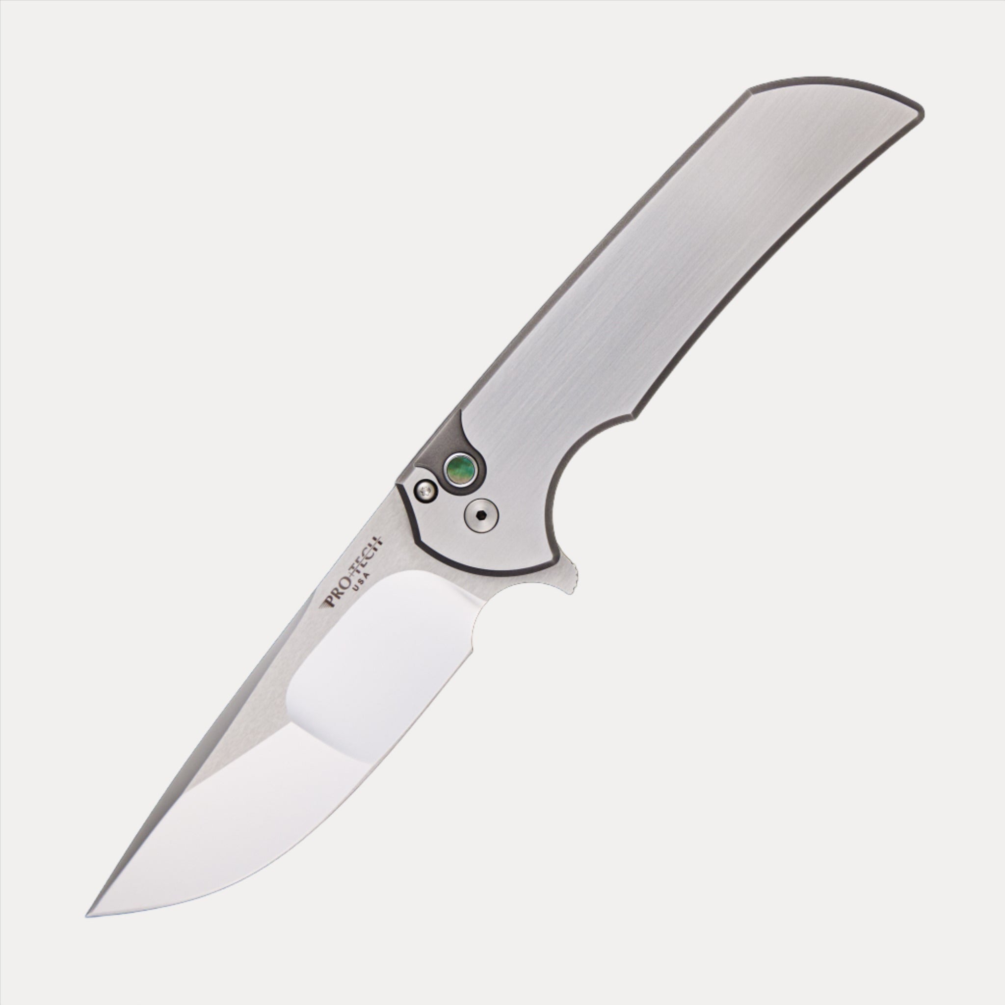 Pro-Tech Knives Mordax – 2023 Custom 001 – 17-4 Steel 2-Tone Handle – Mike Irie Compound 154CM Blade – Satin Hardware – Pearl Button