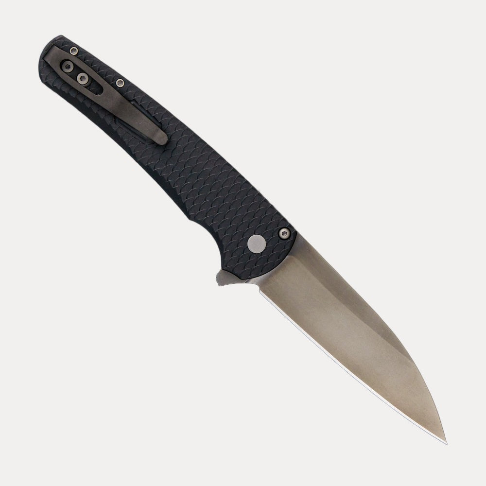 Pro-Tech Knives 2023 Malibu Custom 017 Black Dragonscale Handle Blasted Hardware Smokey Grey DLC MagnaCut Wharncliffe Blade