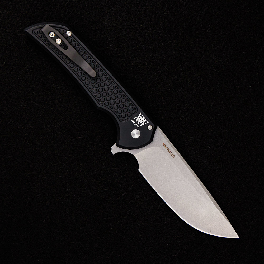 Pro-Tech Knives Mordax – 2023 USN – Honeycomb Textured Black Handle – Stonewash MagnaCut Blade – Green G10 Button