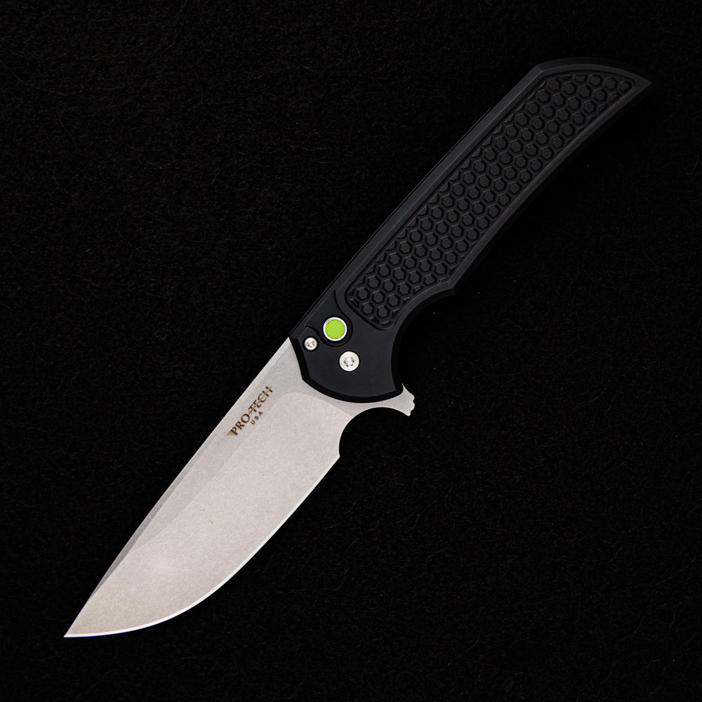 Pro-Tech Knives Mordax – 2023 USN – Honeycomb Textured Black Handle – Stonewash MagnaCut Blade – Green G10 Button