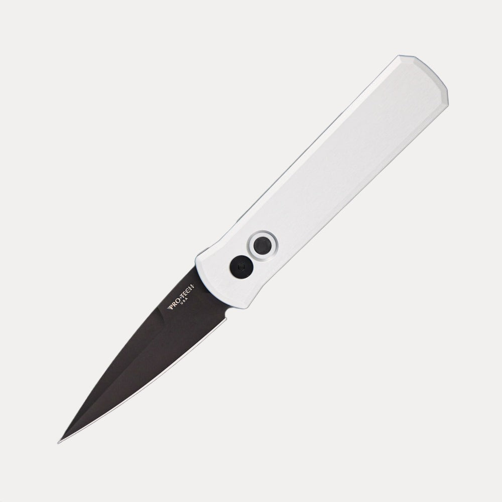 Pro-Tech Knives Godson – Solid Satin Silver Handle – DLC Black Blade & Hardware 721-SILVER