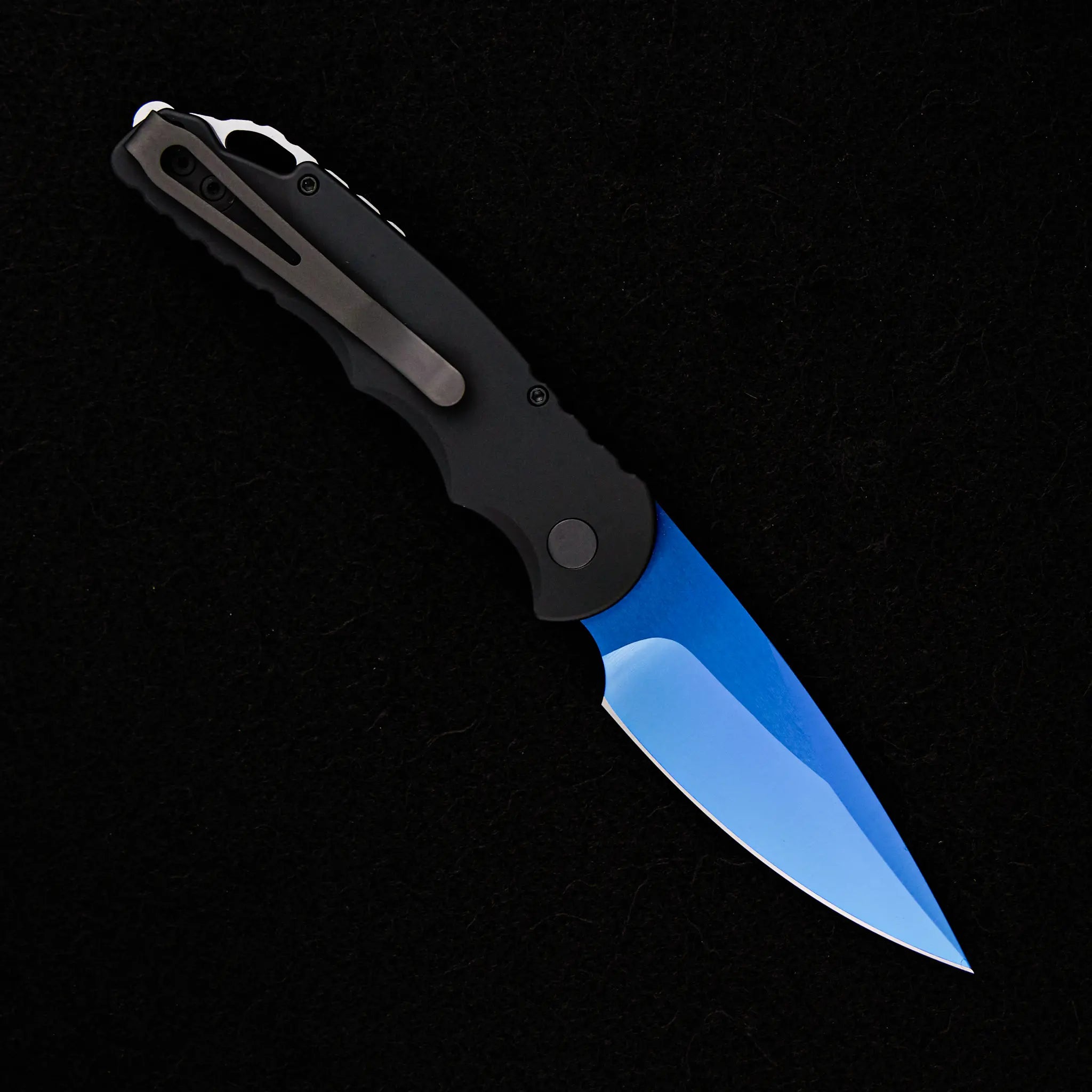 Pro-Tech Knives TR-5 Auto Limited – T503-SB – Solid Black Handle – Abalone Button – Sapphire Blue Coated 154-CM Blade