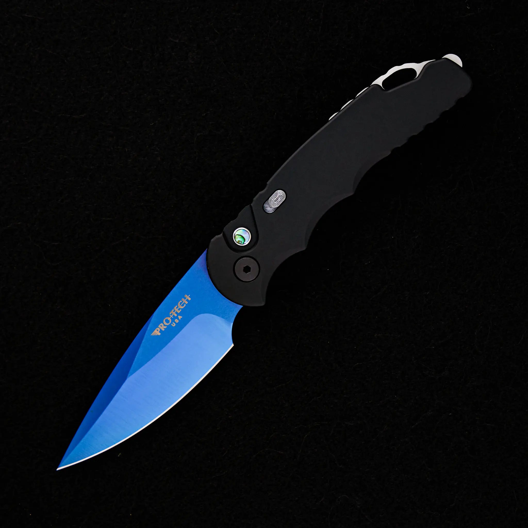 Pro-Tech Knives TR-5 Auto Limited – T503-SB – Solid Black Handle – Abalone Button – Sapphire Blue Coated 154-CM Blade