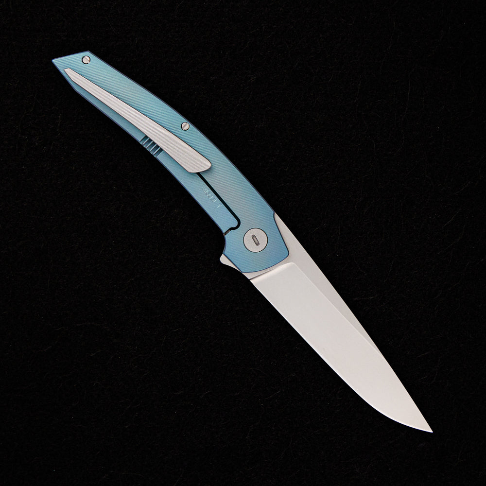 Hog House Knives Model T – RWL-34 BLADE – BLUE TI W/ SILVER