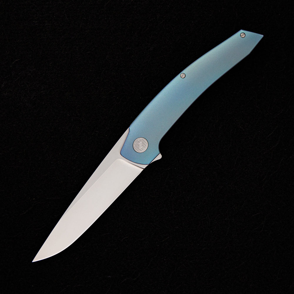 Hog House Knives Model T – RWL-34 BLADE – BLUE TI W/ SILVER