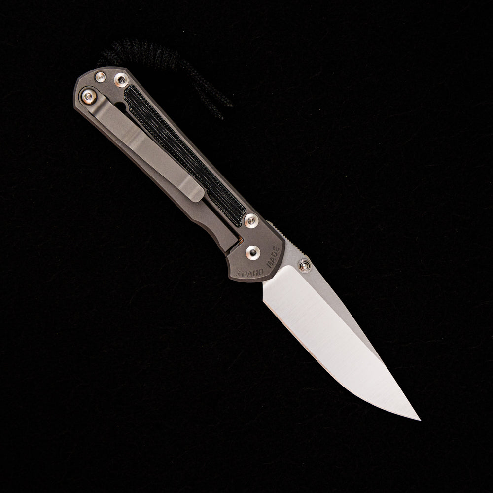 CHRIS REEVE SMALL SEBENZA 31 BLACK CANVAS MICARTA INLAY – POLISHED CPM MAGNACUT BLADE – GLASS BLASTED – SILVER DOUBLE THUMB LUGS