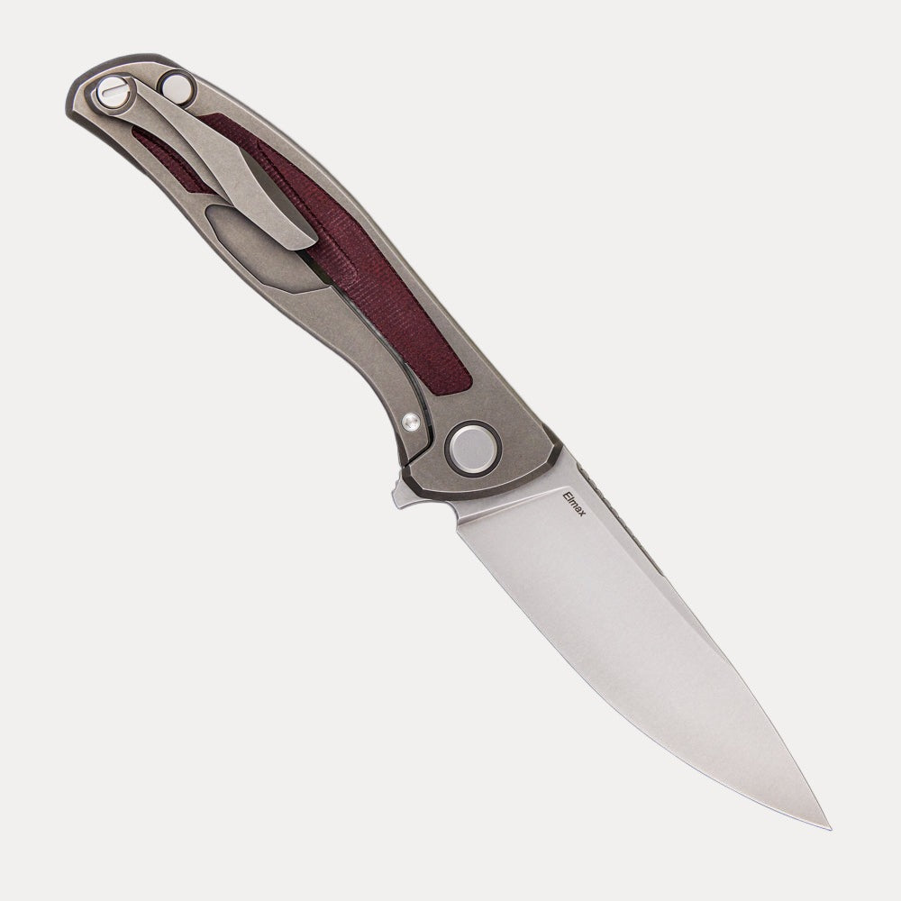 SHIROGOROV F95NL – ELMAX BLADE – STONEWASHED TITANIUM HANDLE W/ MAROON MICARTA INLAY- MRBS